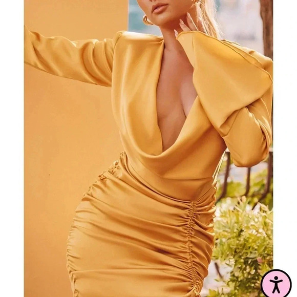 Pretty Little Thing Womens Yellow Ruched Plunge Cowl Neck Long Sleeve Dress 2 - Picture 14 of 14